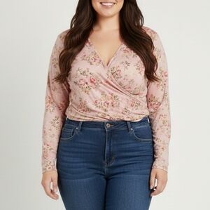 Doublju Women's NWT Pink Floral High-Low Long Sleeve V-Neck Wrap Top Size Large
